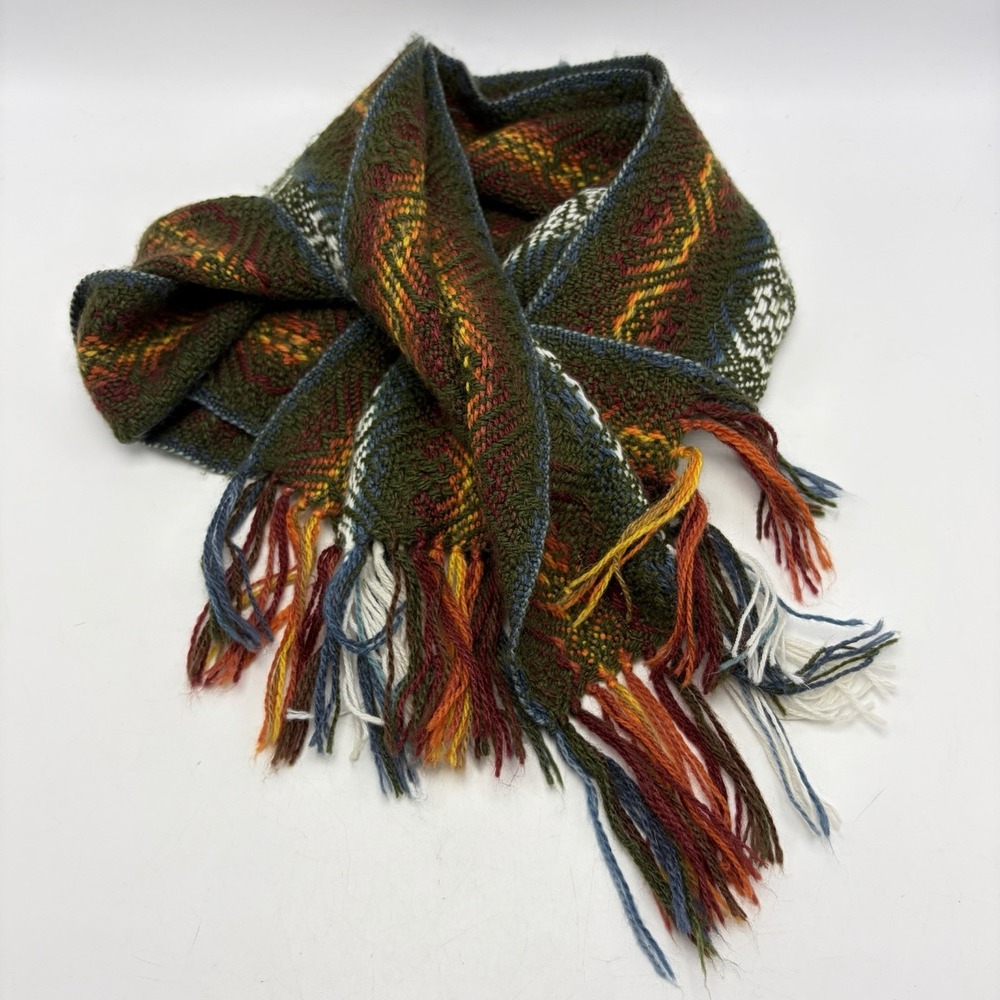 Punandino Alpaca Green Multicolor Geometric Woven Oversized Scarf Fringe